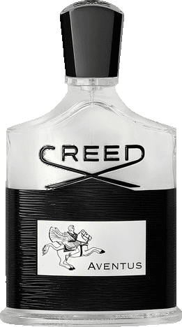 Frasco do perfume Aventus, da Creed, com tampa preta e base de vidro preto listrado
